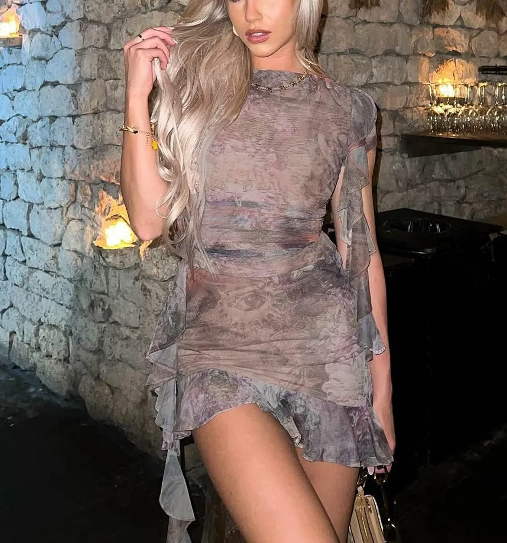 Women Y2K Ruffle Mesh 2 Piece Skirt Set Sheer Sleeveless Tube Top Flower Ruffle Split Mini Skirt Streetwear Outfits