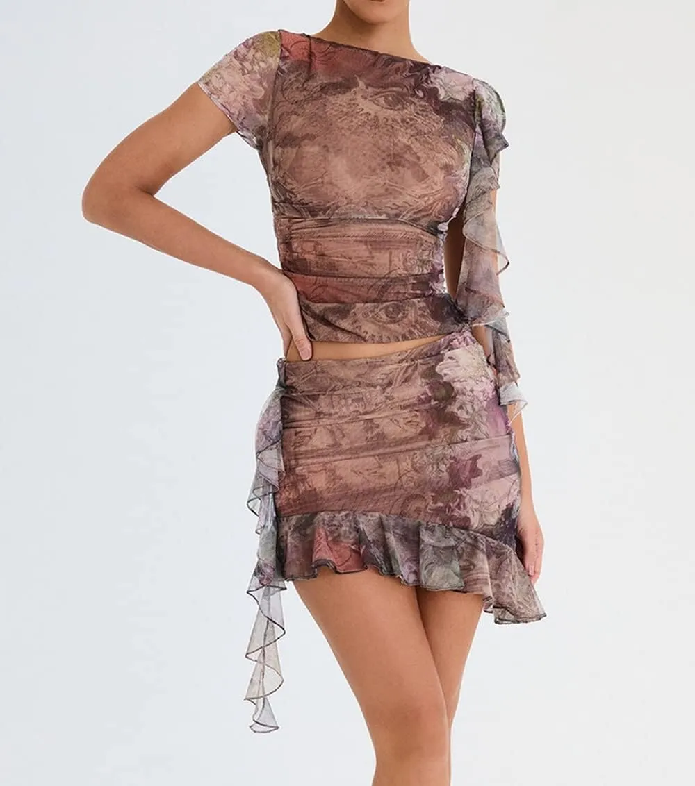 Women Y2K Ruffle Mesh 2 Piece Skirt Set Sheer Sleeveless Tube Top Flower Ruffle Split Mini Skirt Streetwear Outfits