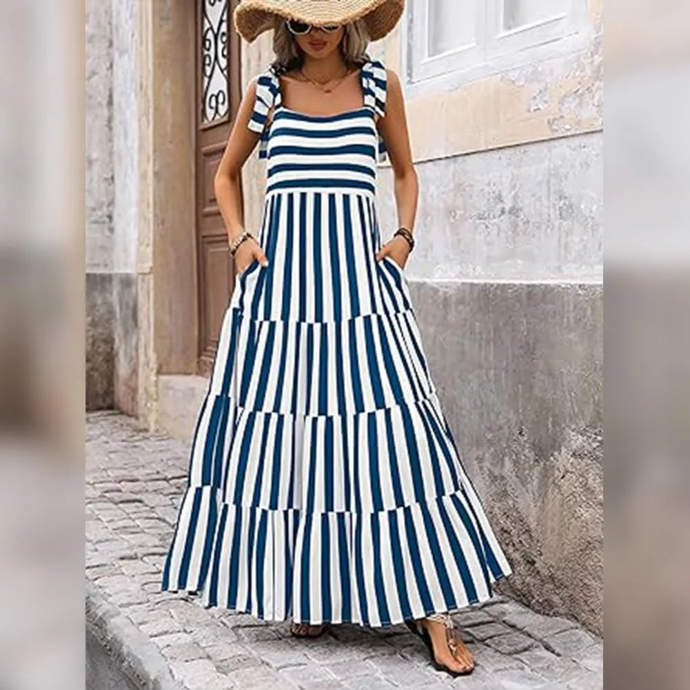 Womens 2024 Summer Sleeveless Spaghetti Strap Long Floral Maxi Dress Boho Flowy Striped Dress A Line Beach Sundresses
