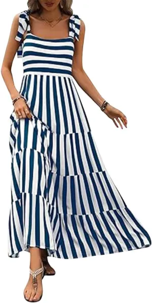 Womens 2024 Summer Sleeveless Spaghetti Strap Long Floral Maxi Dress Boho Flowy Striped Dress A Line Beach Sundresses