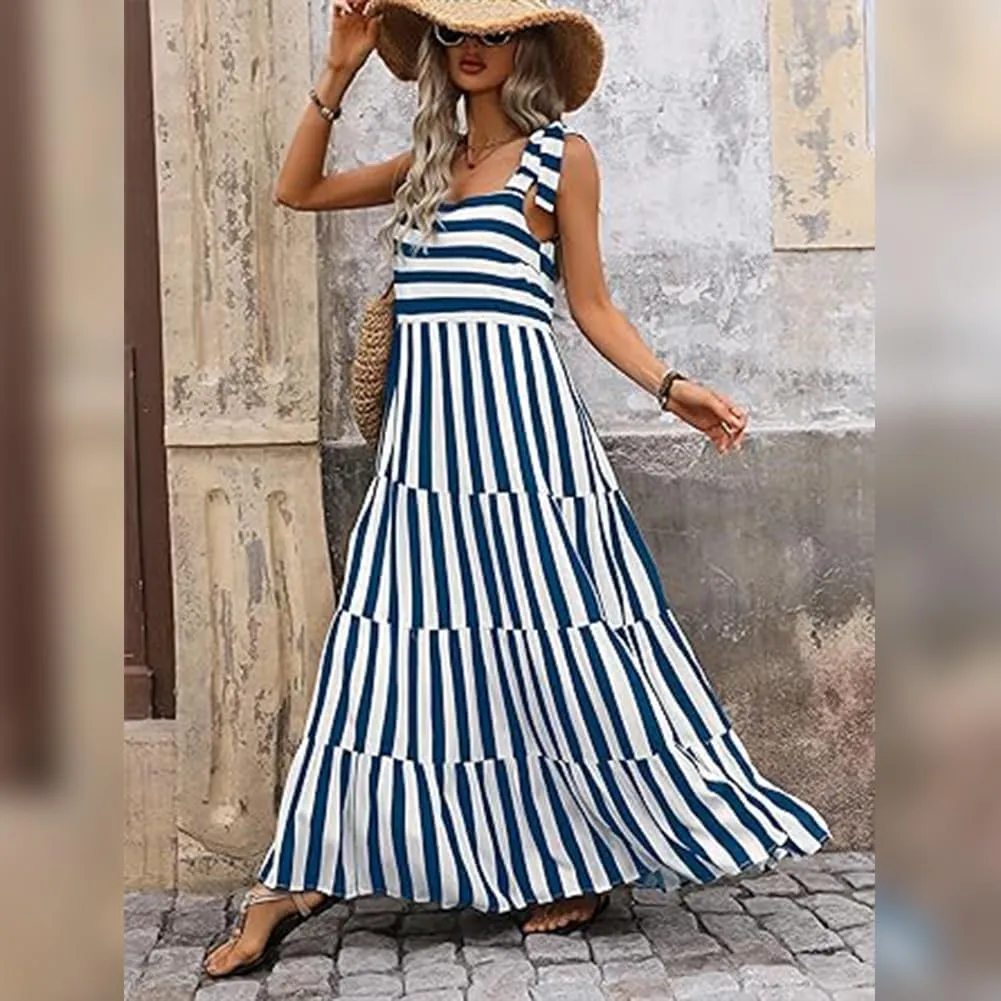 Womens 2024 Summer Sleeveless Spaghetti Strap Long Floral Maxi Dress Boho Flowy Striped Dress A Line Beach Sundresses