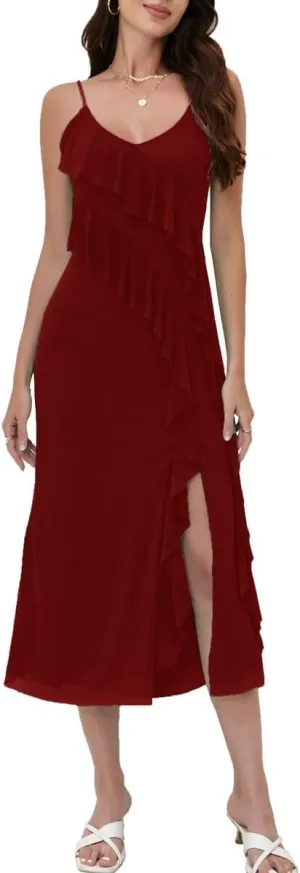Women's 2025 Spaghetti Strap Ruffle Side Split Long Dress Elastic Slim Party Maxi Dresses