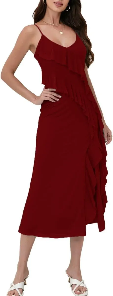 Women's 2025 Spaghetti Strap Ruffle Side Split Long Dress Elastic Slim Party Maxi Dresses