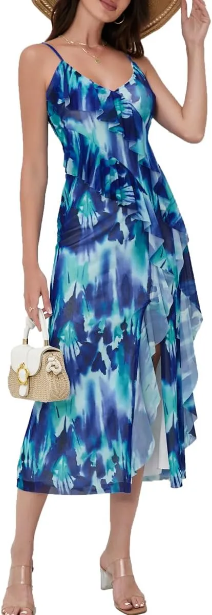 Women's 2025 Spaghetti Strap Ruffle Side Split Long Dress Elastic Slim Party Maxi Dresses