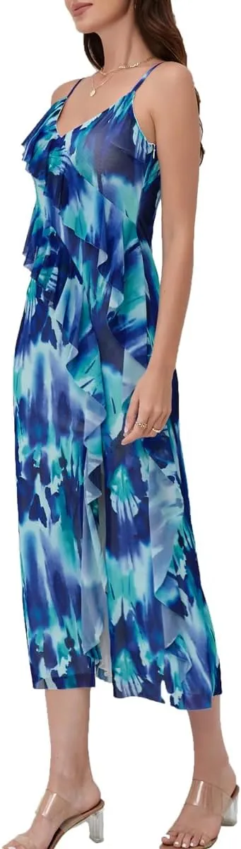 Women's 2025 Spaghetti Strap Ruffle Side Split Long Dress Elastic Slim Party Maxi Dresses