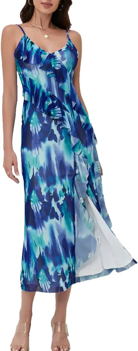 Women's 2025 Spaghetti Strap Ruffle Side Split Long Dress Elastic Slim Party Maxi Dresses