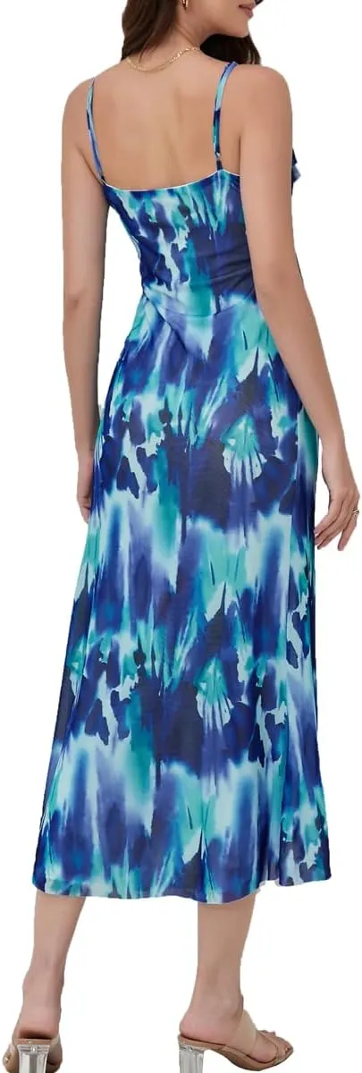 Women's 2025 Spaghetti Strap Ruffle Side Split Long Dress Elastic Slim Party Maxi Dresses
