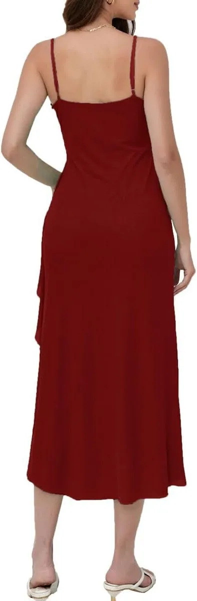 Women's 2025 Spaghetti Strap Ruffle Side Split Long Dress Elastic Slim Party Maxi Dresses