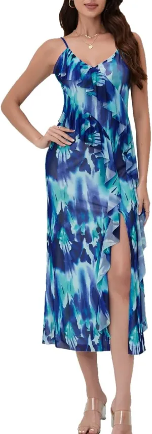 Women's 2025 Spaghetti Strap Ruffle Side Split Long Dress Elastic Slim Party Maxi Dresses