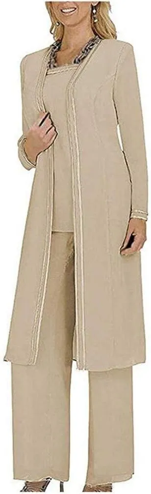 Women's 3 PC Chiffon Pants Suits Mother's Outfit for Wedding Plus Size Evening Gowns Dress Suit