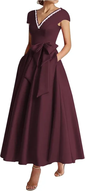 Women's Cap Sleeves Elegant Dress with Pocket Satin V Neck Tea Lenght A Line Formal Wedding Guest Dress with Bow