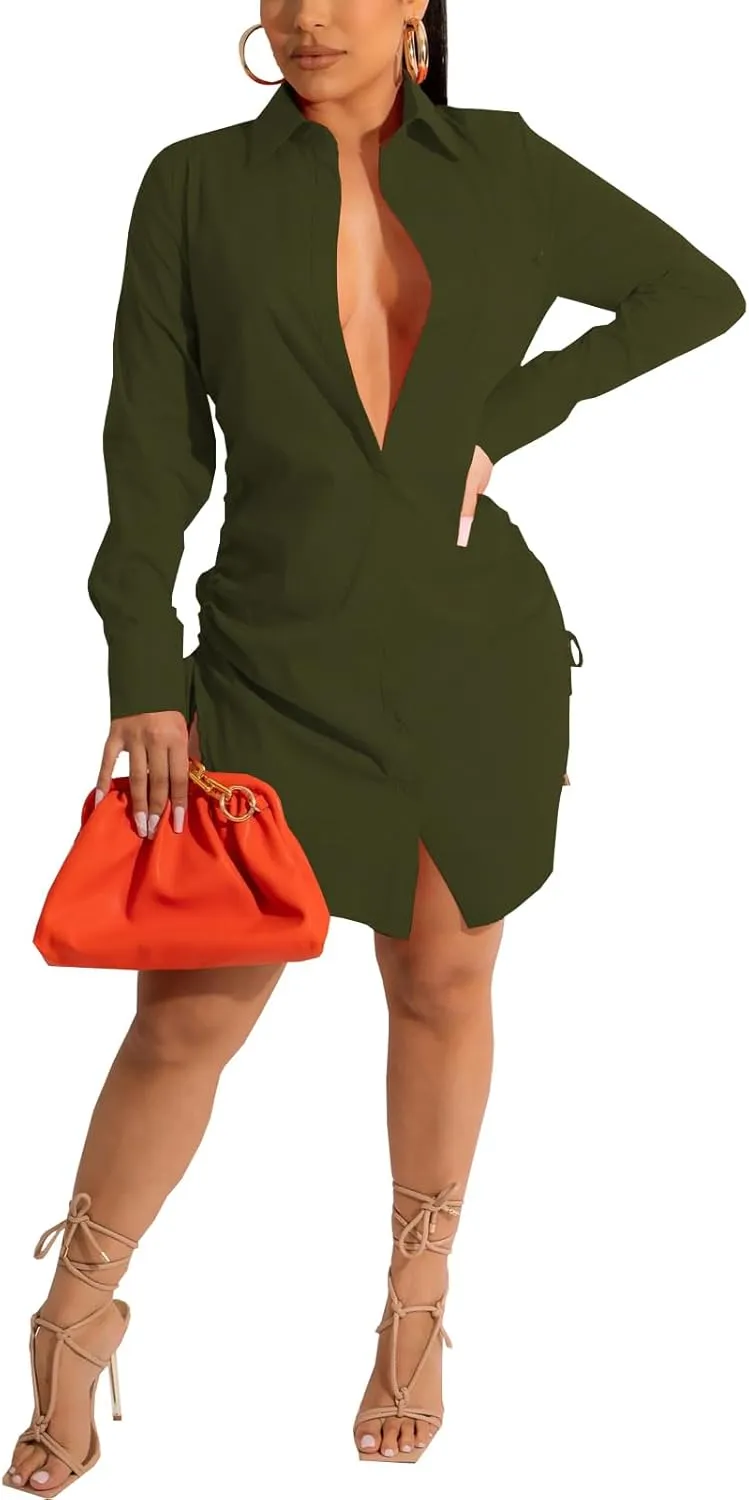 Women's Casual Long Sleeve Button Down Shirts Mini Dress Sexy V Neck T-Shirts Tops Loose Collar Long Blouse Wrap Dress