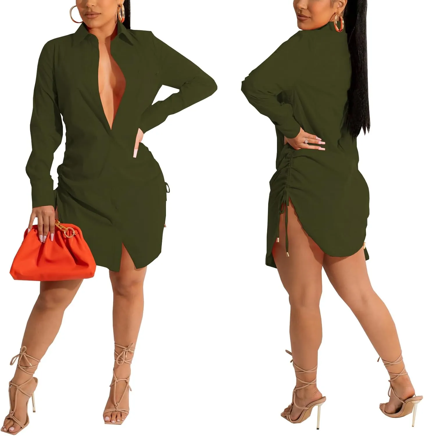 Women's Casual Long Sleeve Button Down Shirts Mini Dress Sexy V Neck T-Shirts Tops Loose Collar Long Blouse Wrap Dress