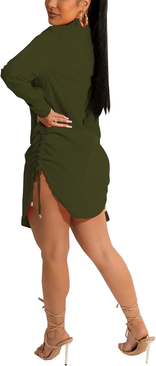 Women's Casual Long Sleeve Button Down Shirts Mini Dress Sexy V Neck T-Shirts Tops Loose Collar Long Blouse Wrap Dress