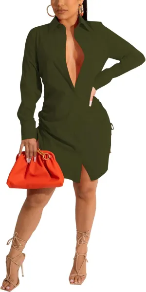 Women's Casual Long Sleeve Button Down Shirts Mini Dress Sexy V Neck T-Shirts Tops Loose Collar Long Blouse Wrap Dress
