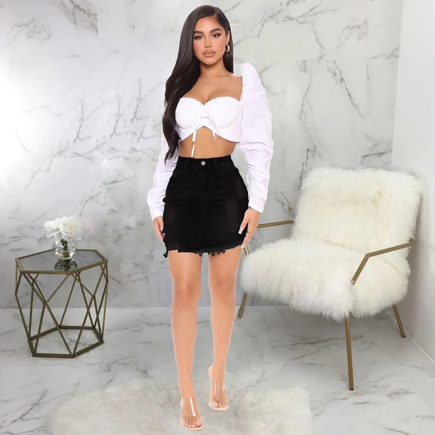 Women's Casual Ripped Jean Skirt High Waisted A-Line Button Hole Wrap Denim Jean Skirt Mini Skirt