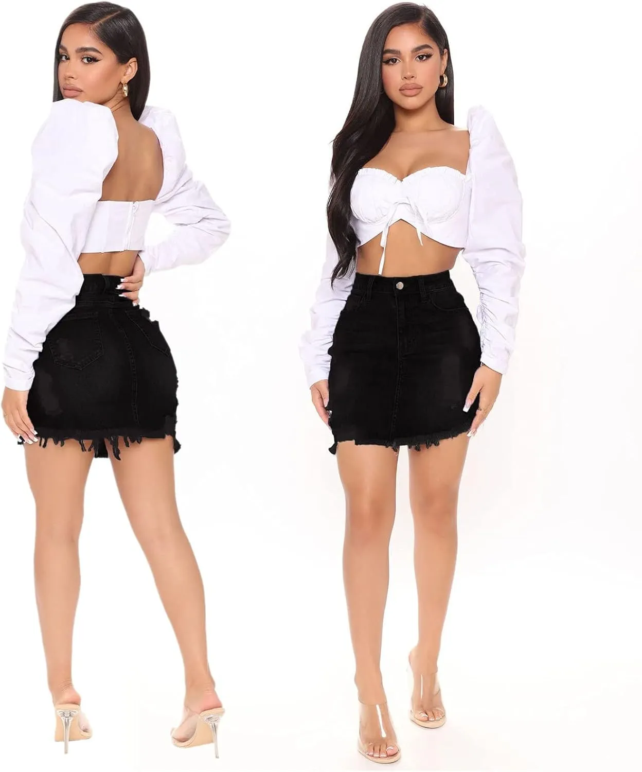 Women's Casual Ripped Jean Skirt High Waisted A-Line Button Hole Wrap Denim Jean Skirt Mini Skirt