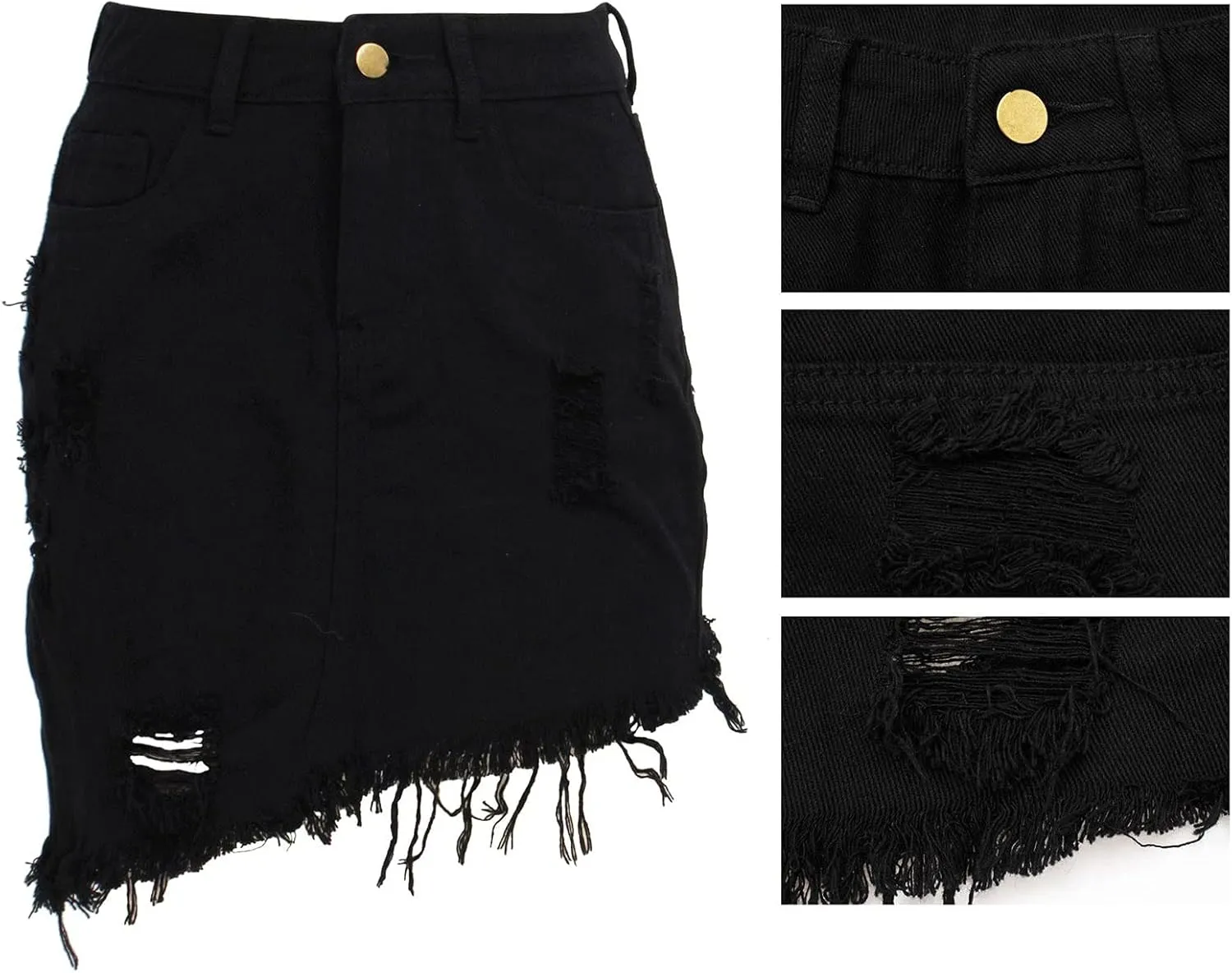 Women's Casual Ripped Jean Skirt High Waisted A-Line Button Hole Wrap Denim Jean Skirt Mini Skirt