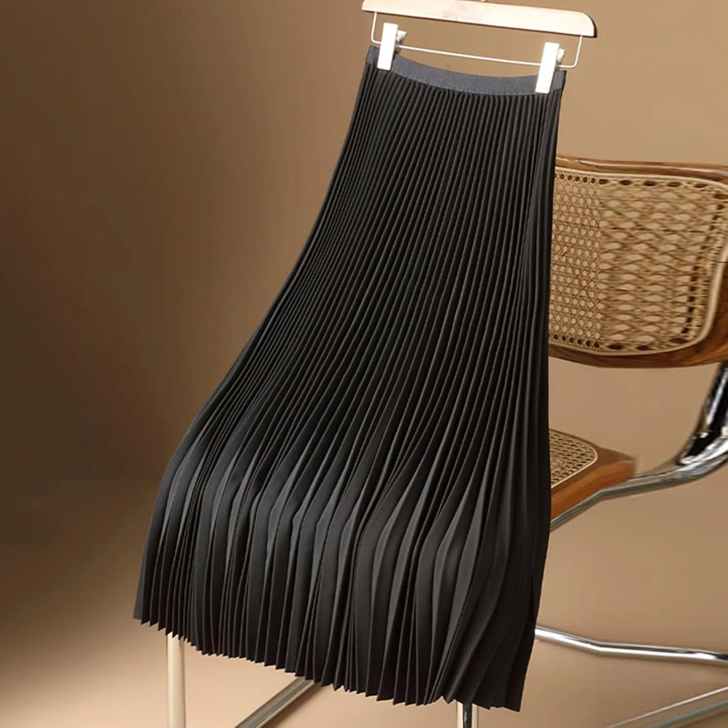 Womens Casual Solid Satin Pleated Skirt Lightweight Smooth Soft Mid Skirts Plus Size Versatile Elastic High Waist Skirt