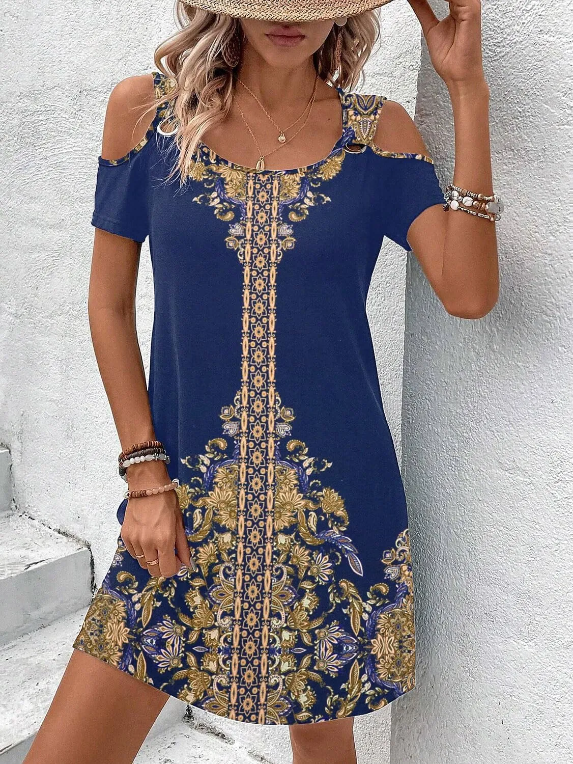 Womens Casual Summer Scoop Neck Dress Trendy Sexy O Ring Cold Shoulder Flowy Short Dress with Pockets