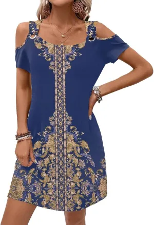 Womens Casual Summer Scoop Neck Dress Trendy Sexy O Ring Cold Shoulder Flowy Short Dress with Pockets