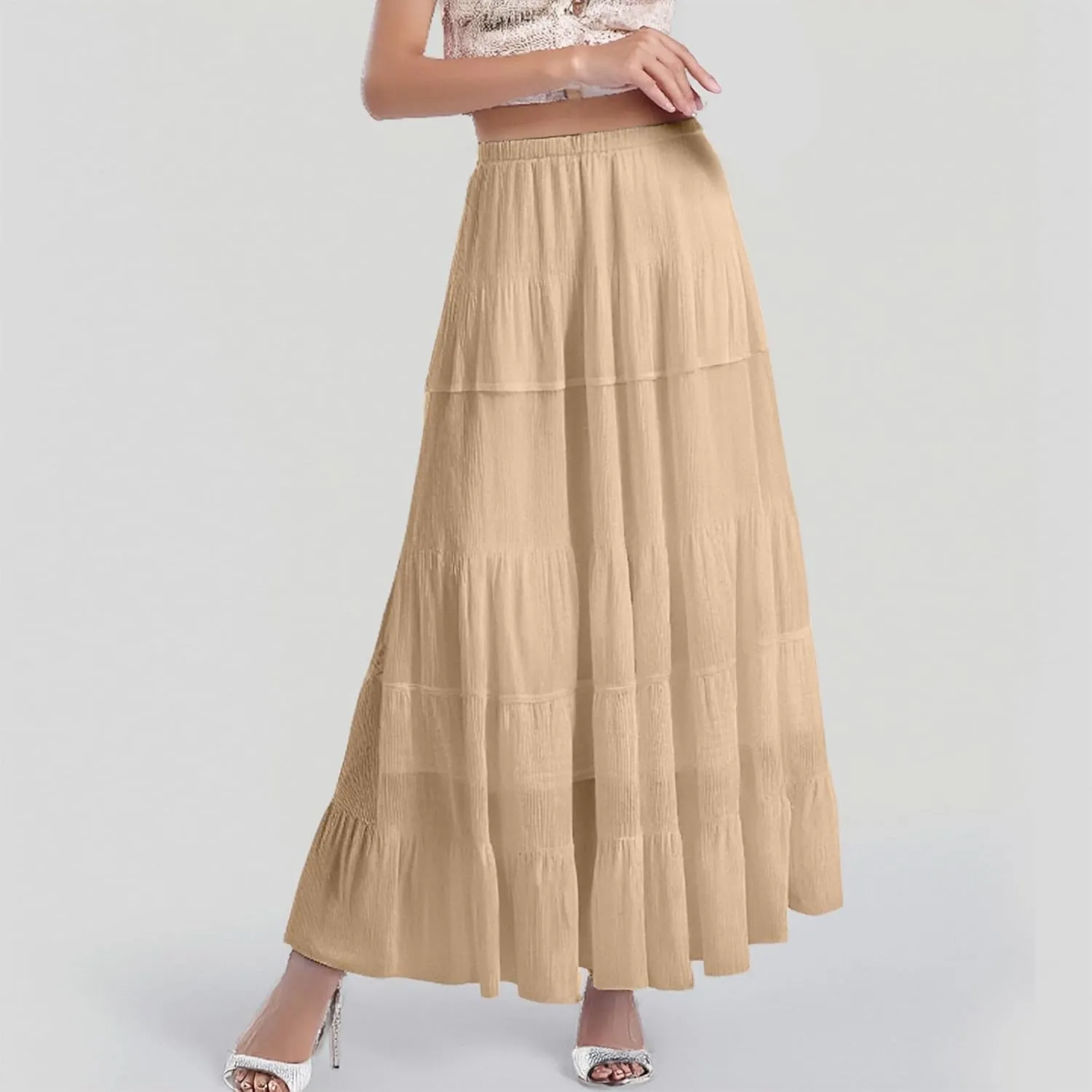 Women's Chiffon White Flowy Maxi Skirts Boho Summer Elastic Waisted Pleated A Line Long Skirt for Women 2025