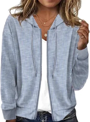 Womens Comfy Striped Long Sleeve Zip Up Oversized Casual Hoodies Sweatshirt Jackets Blue Outerwear