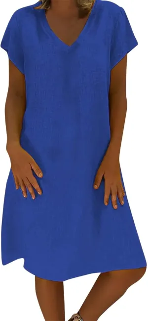 Women's Cotton Linen Dresses Summer Cup Sleeve V Neck Comfy Travel Sundresses Beach Trendy Spring Vacation Clothes 2025