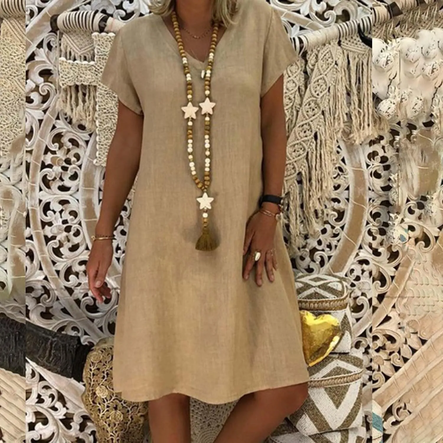 Women's Cotton Linen Dresses Summer Cup Sleeve V Neck Comfy Travel Sundresses Beach Trendy Spring Vacation Clothes 2025