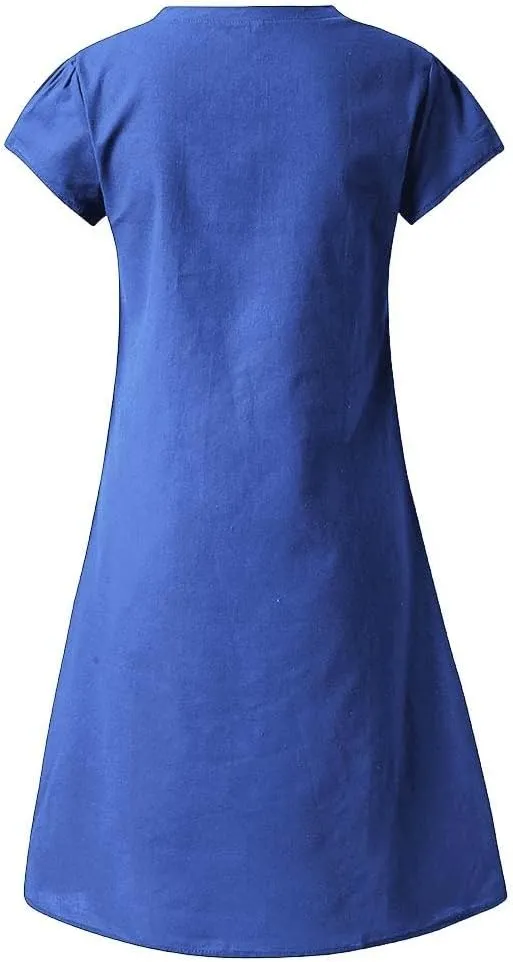 Women's Cotton Linen Dresses Summer Cup Sleeve V Neck Comfy Travel Sundresses Beach Trendy Spring Vacation Clothes 2025