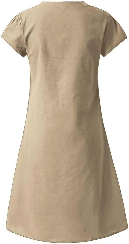Women's Cotton Linen Dresses Summer Cup Sleeve V Neck Comfy Travel Sundresses Beach Trendy Spring Vacation Clothes 2025