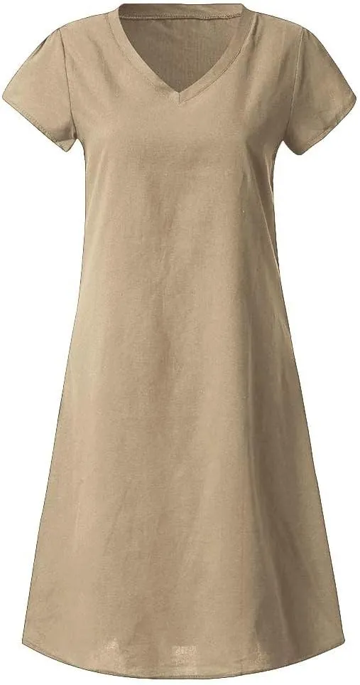 Women's Cotton Linen Dresses Summer Cup Sleeve V Neck Comfy Travel Sundresses Beach Trendy Spring Vacation Clothes 2025