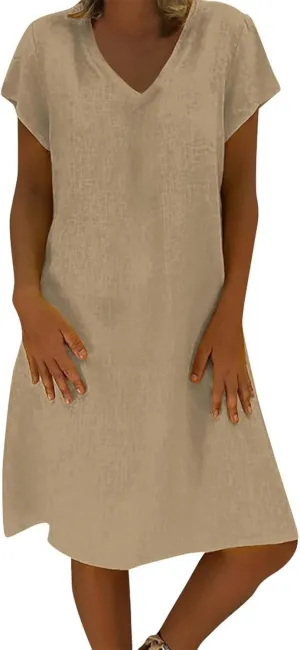 Women's Cotton Linen Dresses Summer Cup Sleeve V Neck Comfy Travel Sundresses Beach Trendy Spring Vacation Clothes 2025