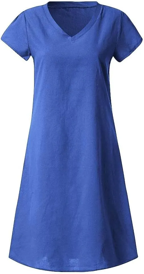 Women's Cotton Linen Dresses Summer Cup Sleeve V Neck Comfy Travel Sundresses Beach Trendy Spring Vacation Clothes 2025