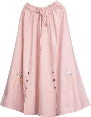 Womens Cotton Linen Skirts Summer Casual Plus Size High Waisted Drawstring Vintage Floral Embroidered Midi Skirt