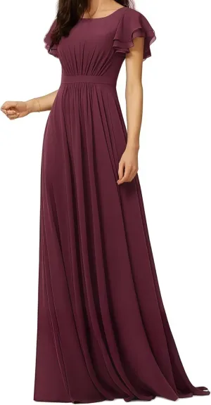 Women's Crewneck Bridesmaid Dresses Short Sleeve Floor Length A-Line Pleated Chiffon Evening Dress