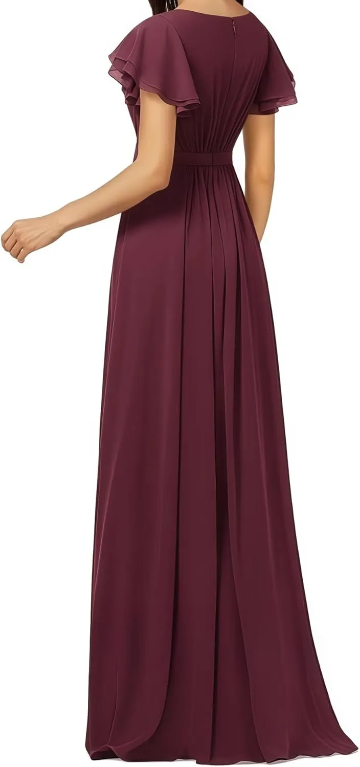 Women's Crewneck Bridesmaid Dresses Short Sleeve Floor Length A-Line Pleated Chiffon Evening Dress
