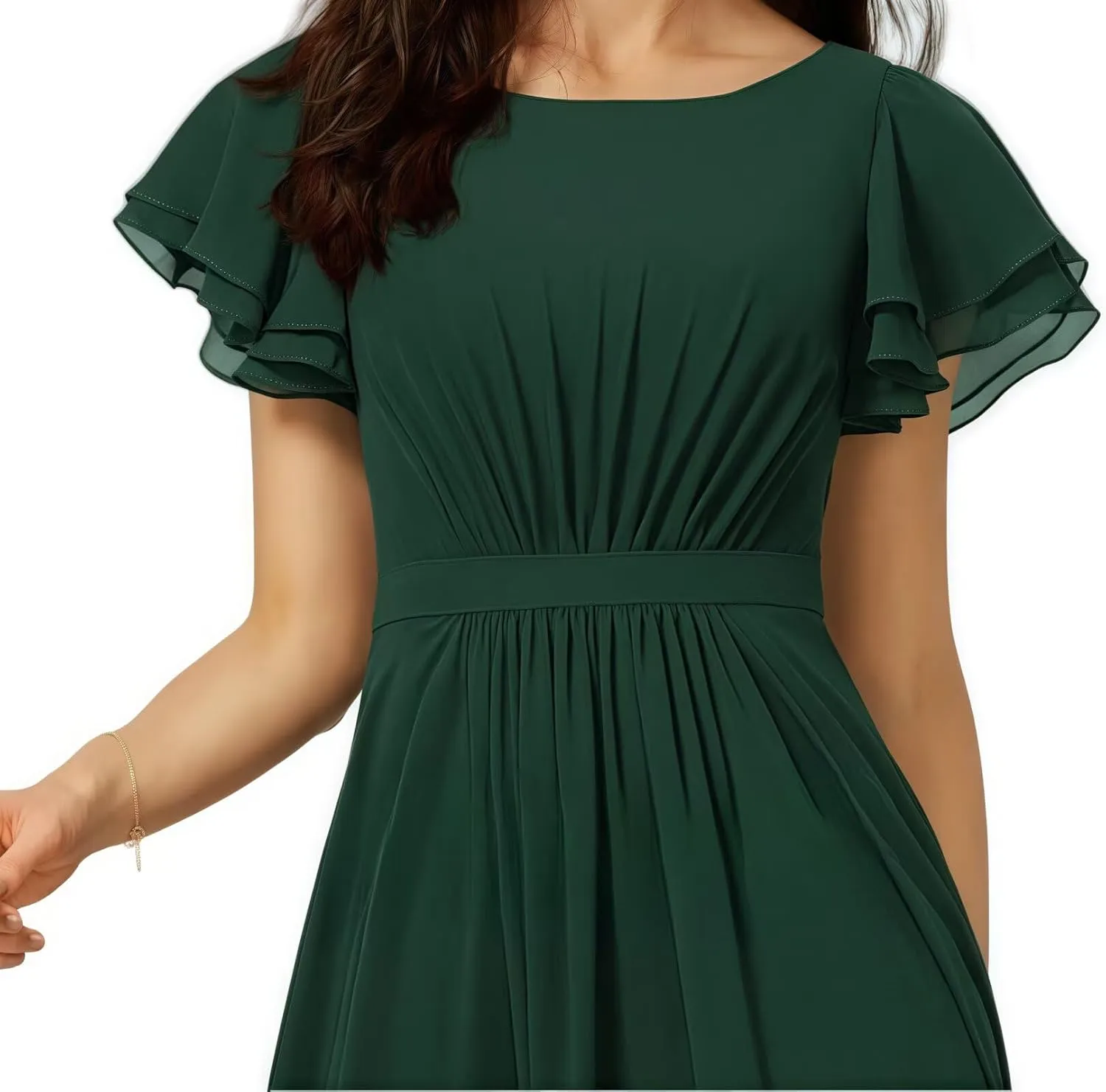 Women's Crewneck Bridesmaid Dresses Short Sleeve Floor Length A-Line Pleated Chiffon Evening Dress