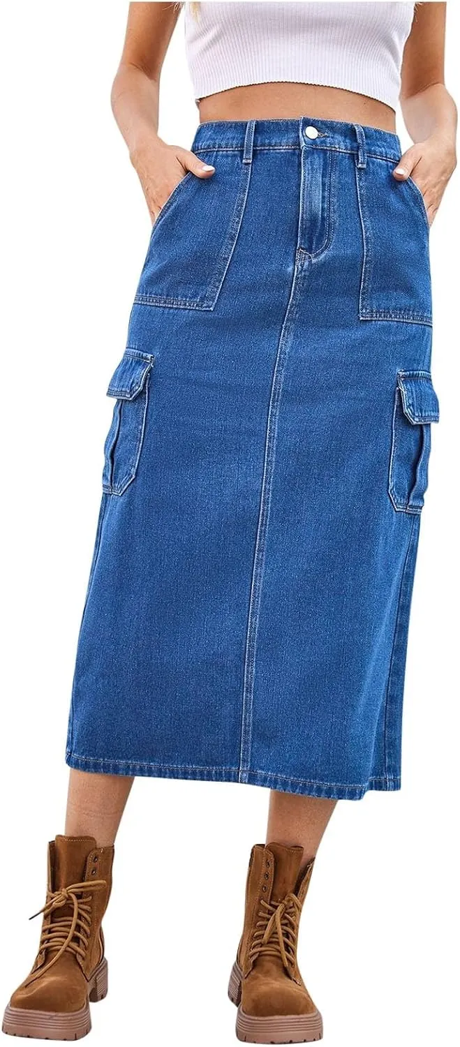 Women's Denim Midi Skort High Waisted Stretch Casual Jean Skirt with Pockets Summer Vacation Bodycon Button Skirt