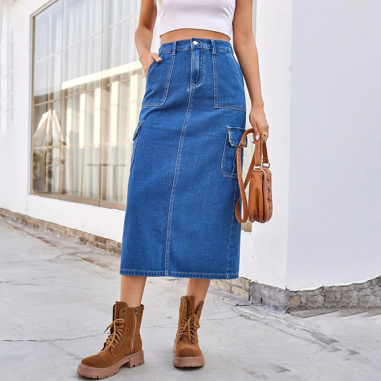 Women's Denim Midi Skort High Waisted Stretch Casual Jean Skirt with Pockets Summer Vacation Bodycon Button Skirt