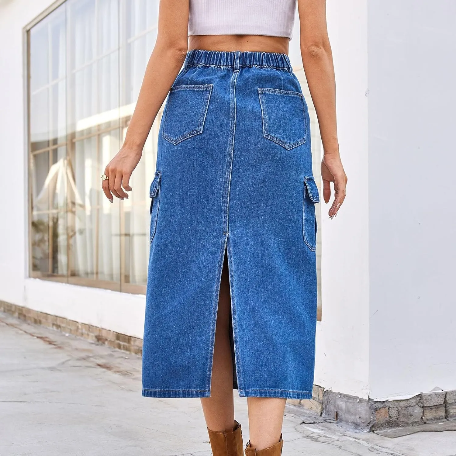Women's Denim Midi Skort High Waisted Stretch Casual Jean Skirt with Pockets Summer Vacation Bodycon Button Skirt