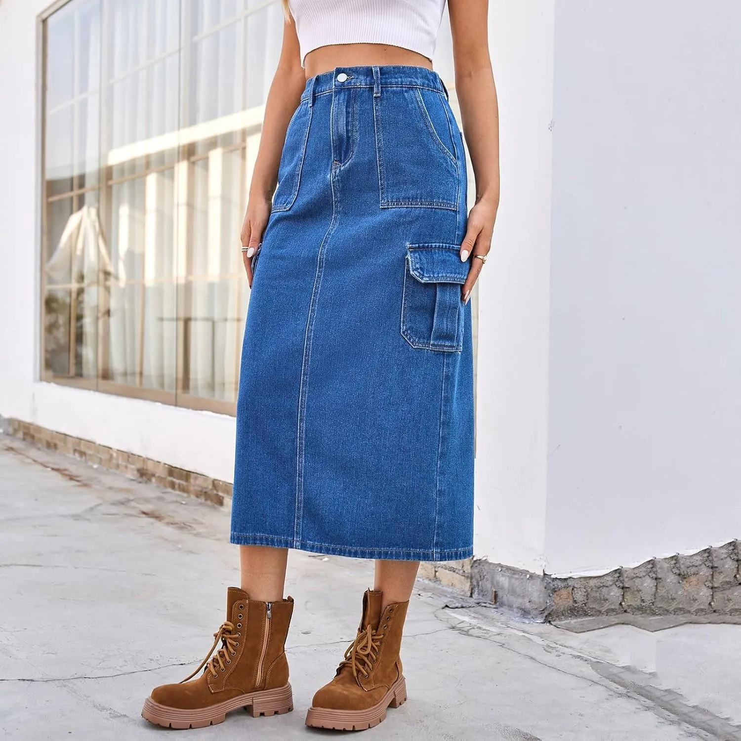 Women's Denim Midi Skort High Waisted Stretch Casual Jean Skirt with Pockets Summer Vacation Bodycon Button Skirt
