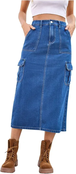 Women's Denim Midi Skort High Waisted Stretch Casual Jean Skirt with Pockets Summer Vacation Bodycon Button Skirt