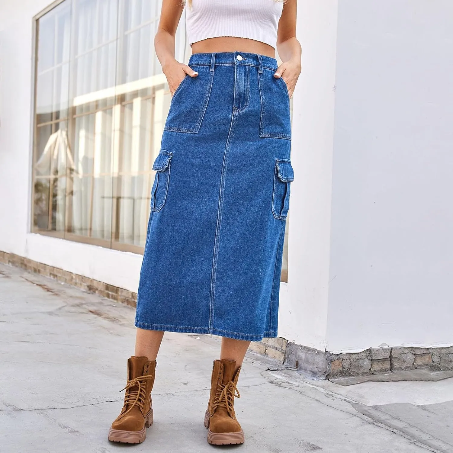 Women's Denim Midi Skort High Waisted Stretch Casual Jean Skirt with Pockets Summer Vacation Bodycon Button Skirt