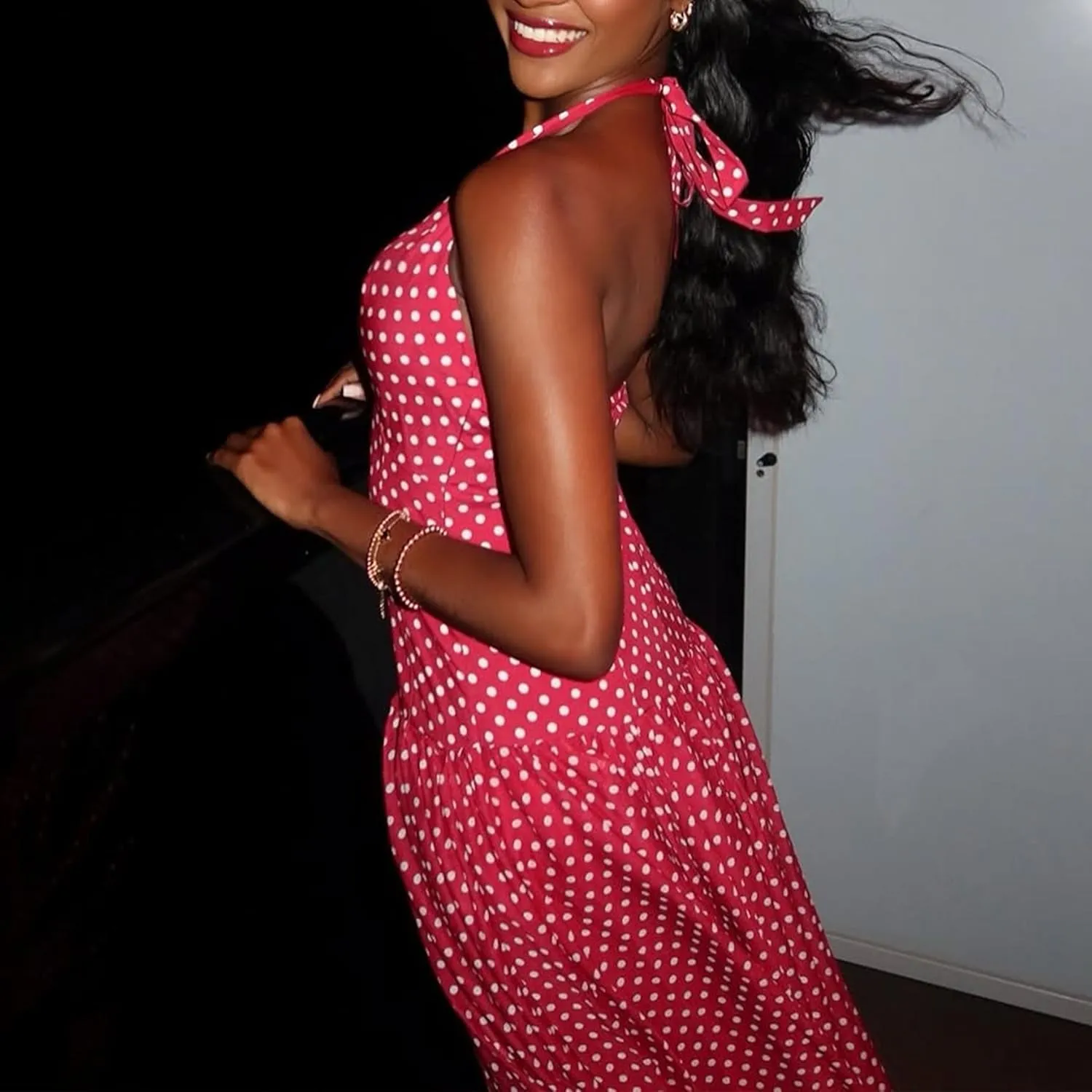 Womens Elegant Frankie Polka Dot Maxi Dress Summer Vintage Halter Neck Drop Waist Flowy Wedding Guest Brunch Beach Dress