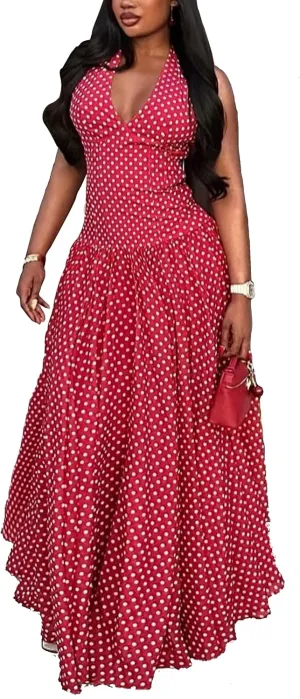 Womens Elegant Frankie Polka Dot Maxi Dress Summer Vintage Halter Neck Drop Waist Flowy Wedding Guest Brunch Beach Dress