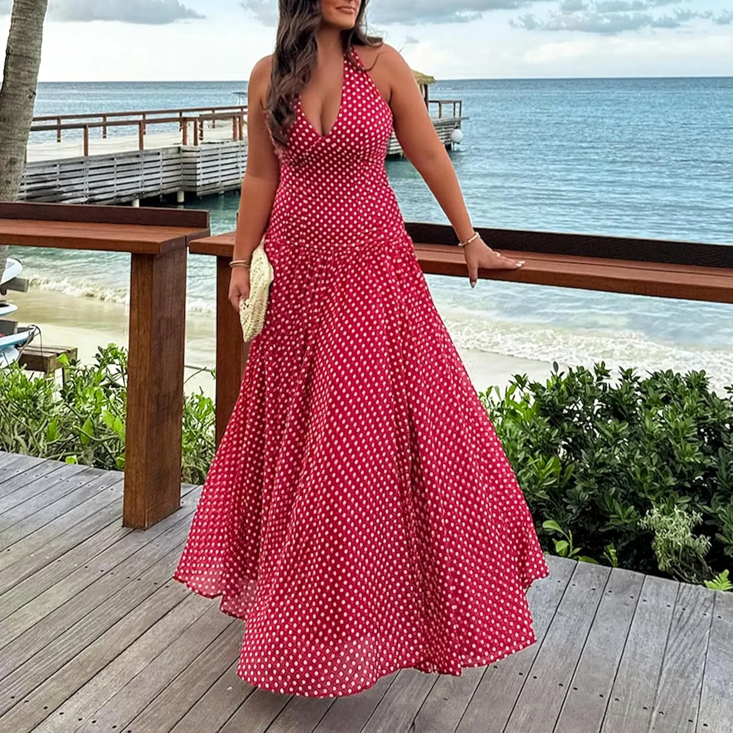 Womens Elegant Frankie Polka Dot Maxi Dress Summer Vintage Halter Neck Drop Waist Flowy Wedding Guest Brunch Beach Dress