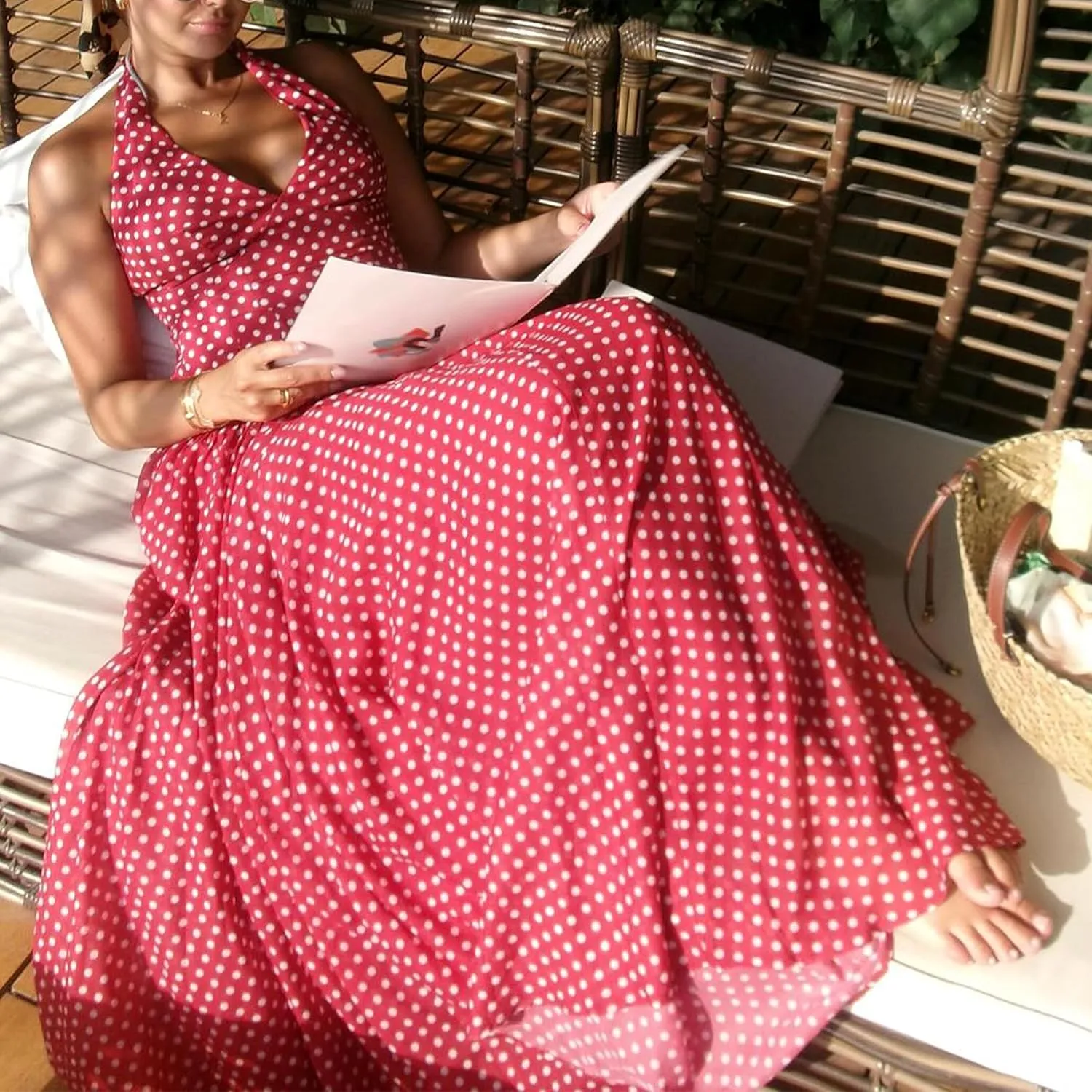 Womens Elegant Frankie Polka Dot Maxi Dress Summer Vintage Halter Neck Drop Waist Flowy Wedding Guest Brunch Beach Dress