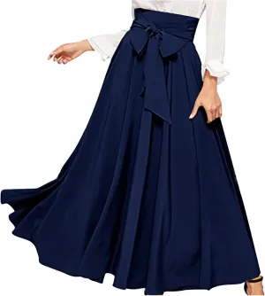 Women's Elegant High Waisted Skirt Tie Front Pleated Maxi Skirts Fashion Solid Color Flowy Swing Ankle Length Skirt