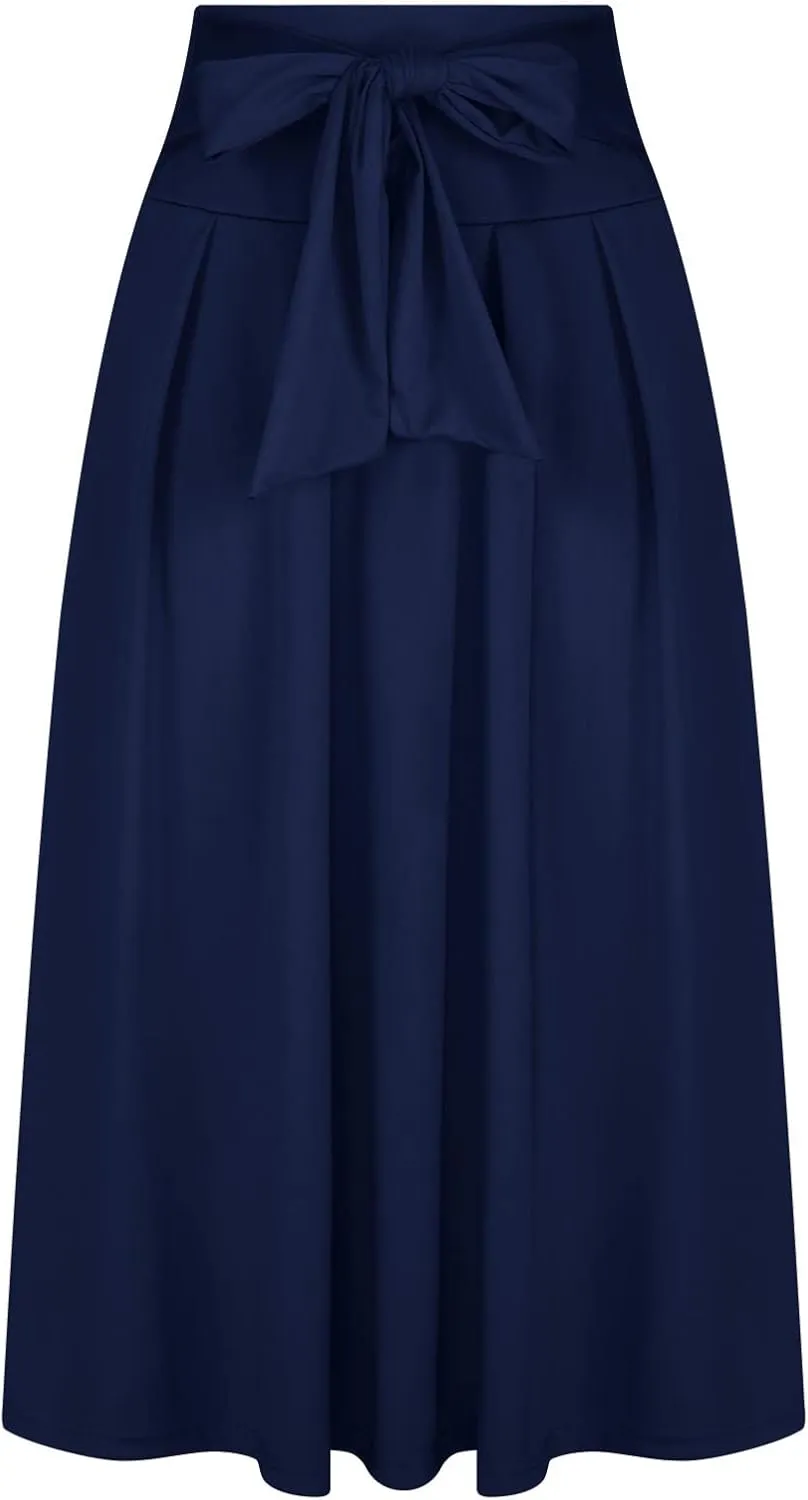 Women's Elegant High Waisted Skirt Tie Front Pleated Maxi Skirts Fashion Solid Color Flowy Swing Ankle Length Skirt